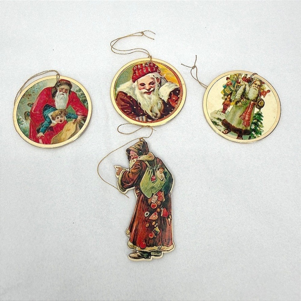 Old World Santa Flat Round Christmas Ornaments VTG Victorian Style Set of 4